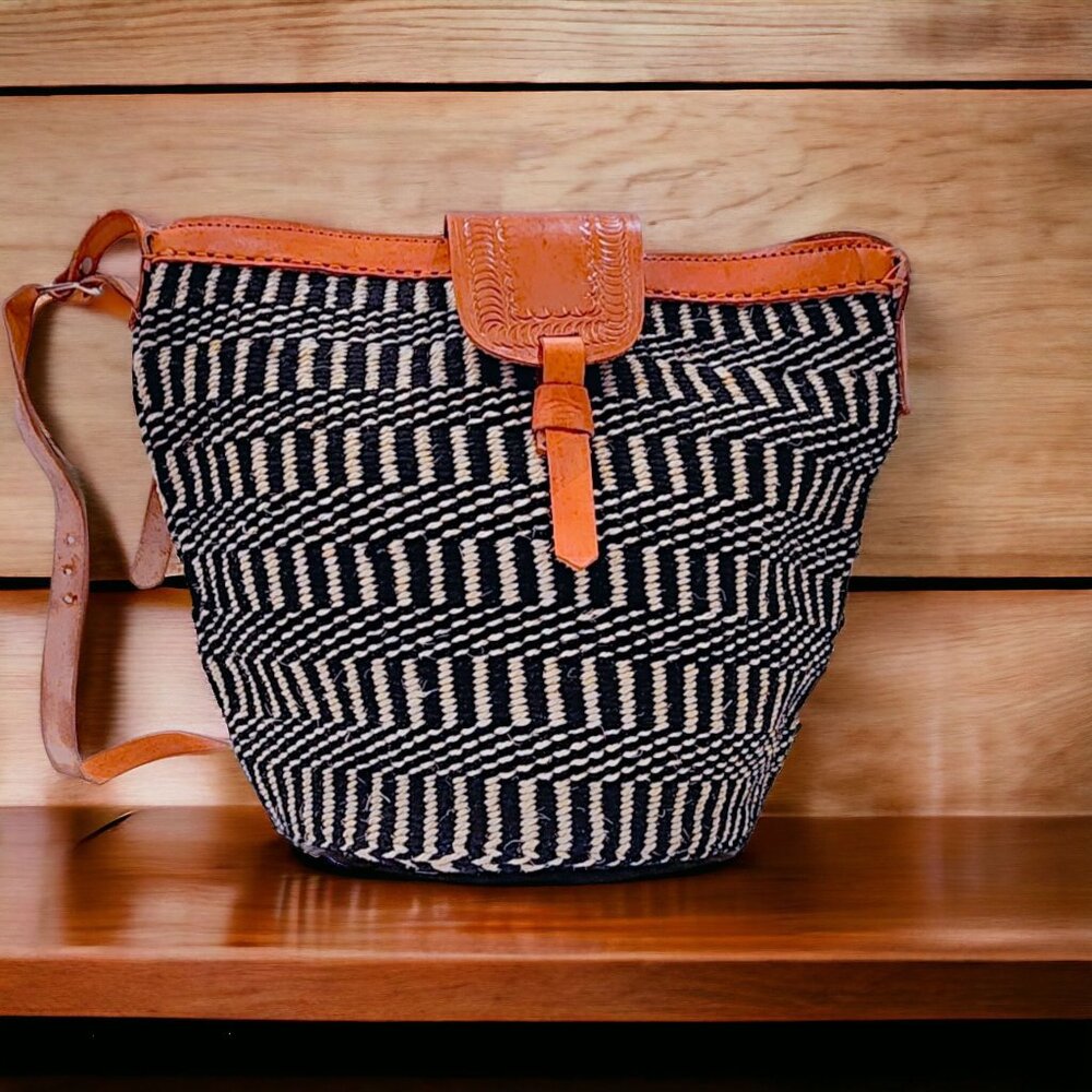 Woven Black & Cream Crossbody Bag with Tan Leather Trim